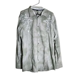 ROAR Button Down‎ Dress Shirt Size Large Gray Embroidered Long Sleeve